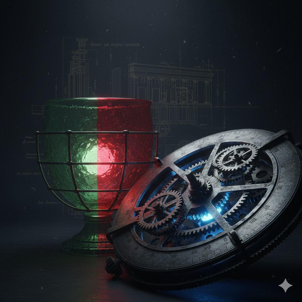 Un montaje conceptual de inventos antiguos avanzados, con el Mecanismo de Anticitera y la Copa de Licurgo brillando con una luz tecnológica