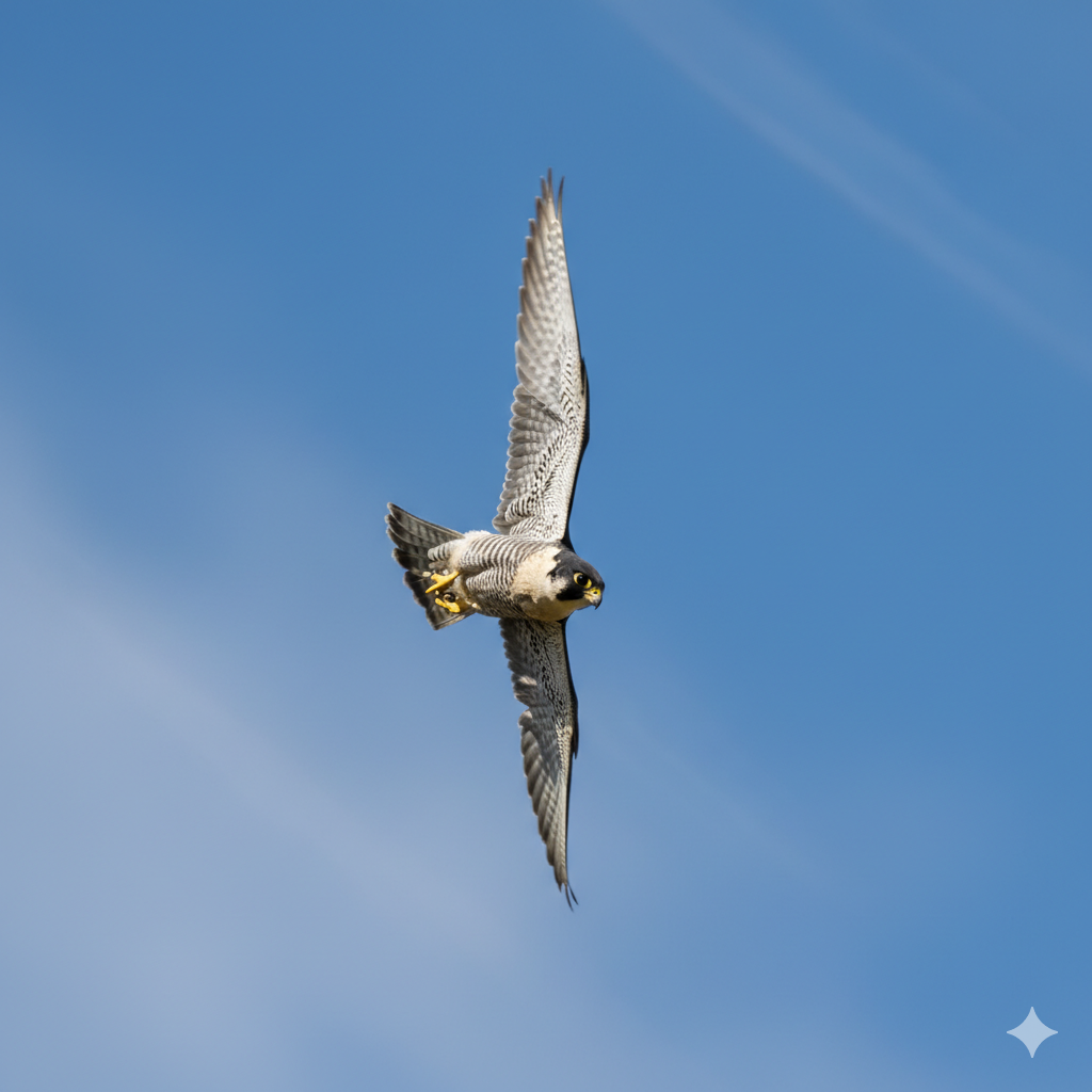 Un halcón peregrino en un picado vertical extremo, con las alas plegadas y un rastro de desenfoque de movimiento, mostrando su increíble velocidad.
