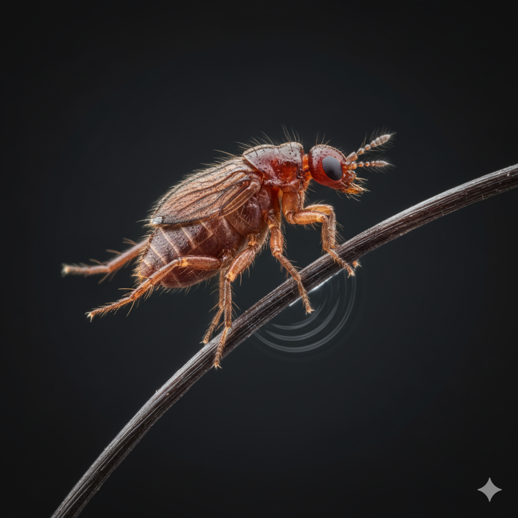 Una toma macro extrema de una pulga en el momento exacto de saltar desde una superficie, mostrando la increíble potencia de sus patas traseras.