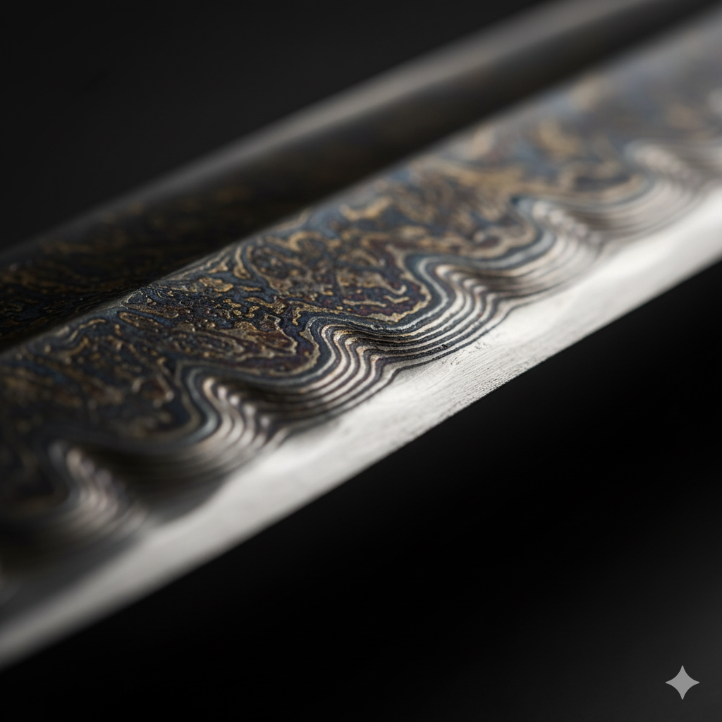 Un primer plano macro de la hoja de una espada de Acero de Damasco, mostrando el distintivo patrón de ondas.