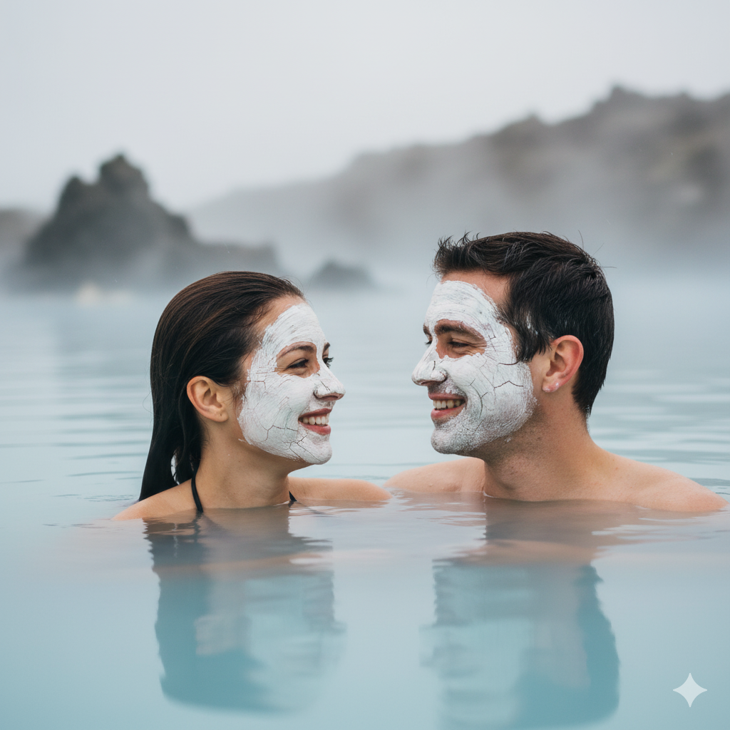 Dos personas con mascarillas de barro blanco relajándose en las aguas azules y humeantes de la Laguna Azul de Islandia, rodeadas de rocas volcánicas