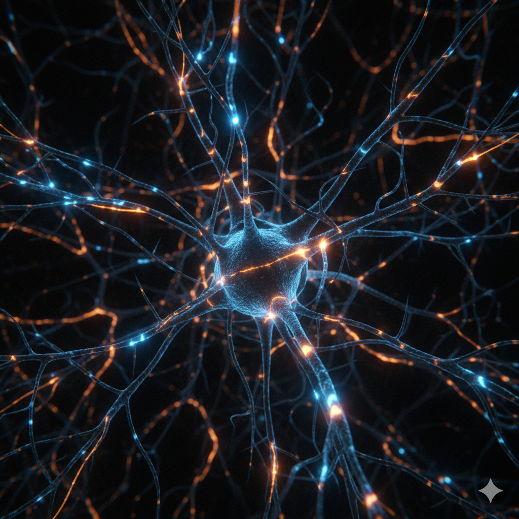 Una red neuronal brillante que ilustra una de las curiosidades del cerebro humano: su generación de electricidad.