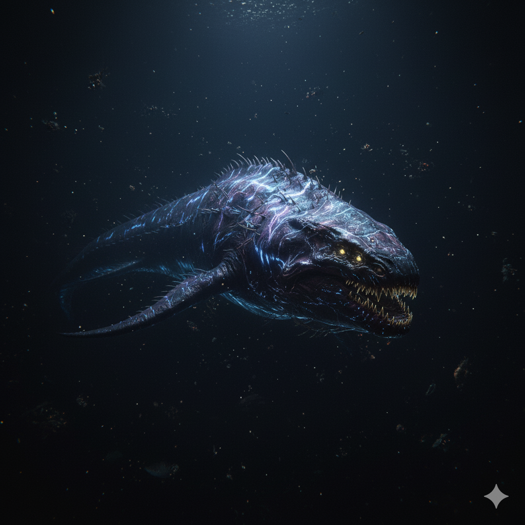 Una criatura abisal gigante y bioluminiscente, similar a un leviatán, nadando en la oscuridad total de la Fosa de las Marianas, con pequeños destellos de luz a su alrededor.