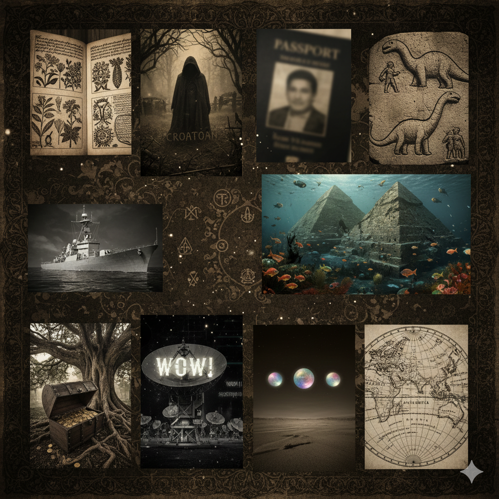 Collage de misterios históricos: manuscrito Voynich, Roanoke, señal Wow, ciudad sumergida y más