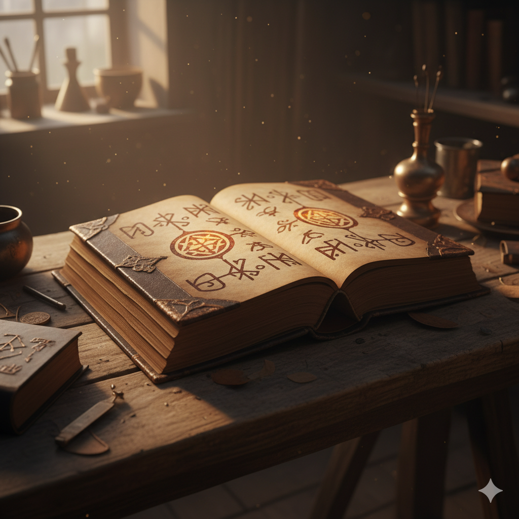 Libro antiguo misterioso sobre una mesa, lleno de símbolos extraños.