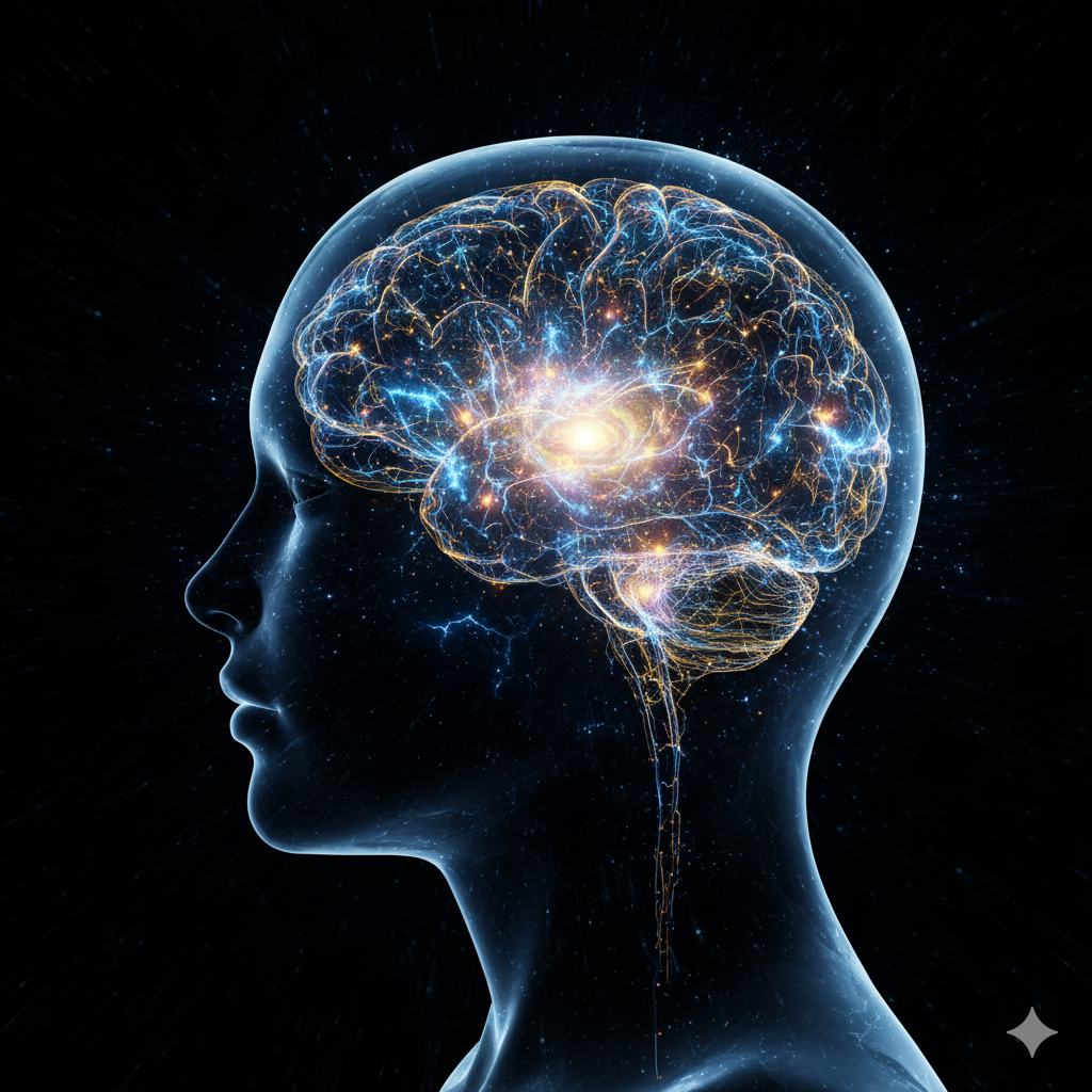 Montaje artístico de las curiosidades del cerebro humano, mostrando una cabeza humana con engranajes brillantes y redes eléctricas en su interior