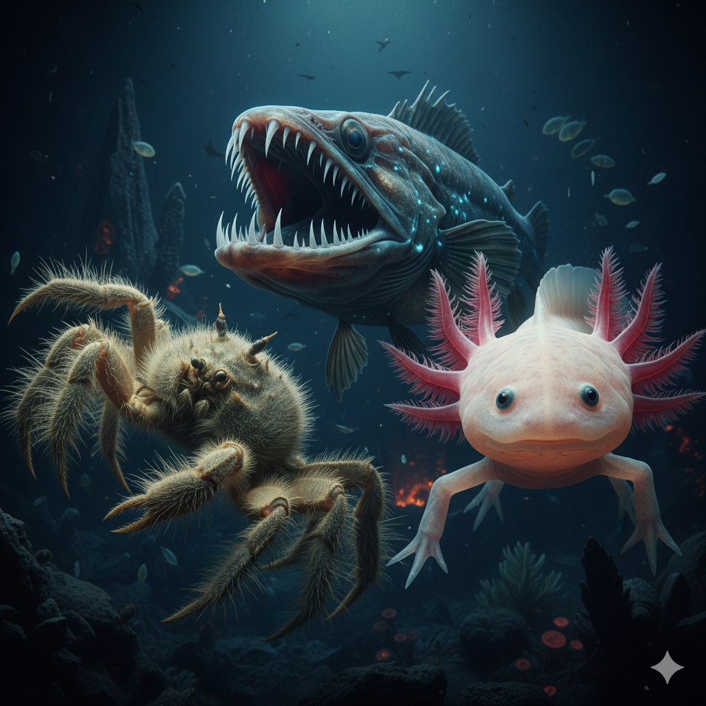 Un montaje dramático de tres de las criaturas más extrañas y aterradoras del mundo: el pez víbora, el cangrejo yeti y el ajolote, flotando en un entorno oscuro y misterioso.