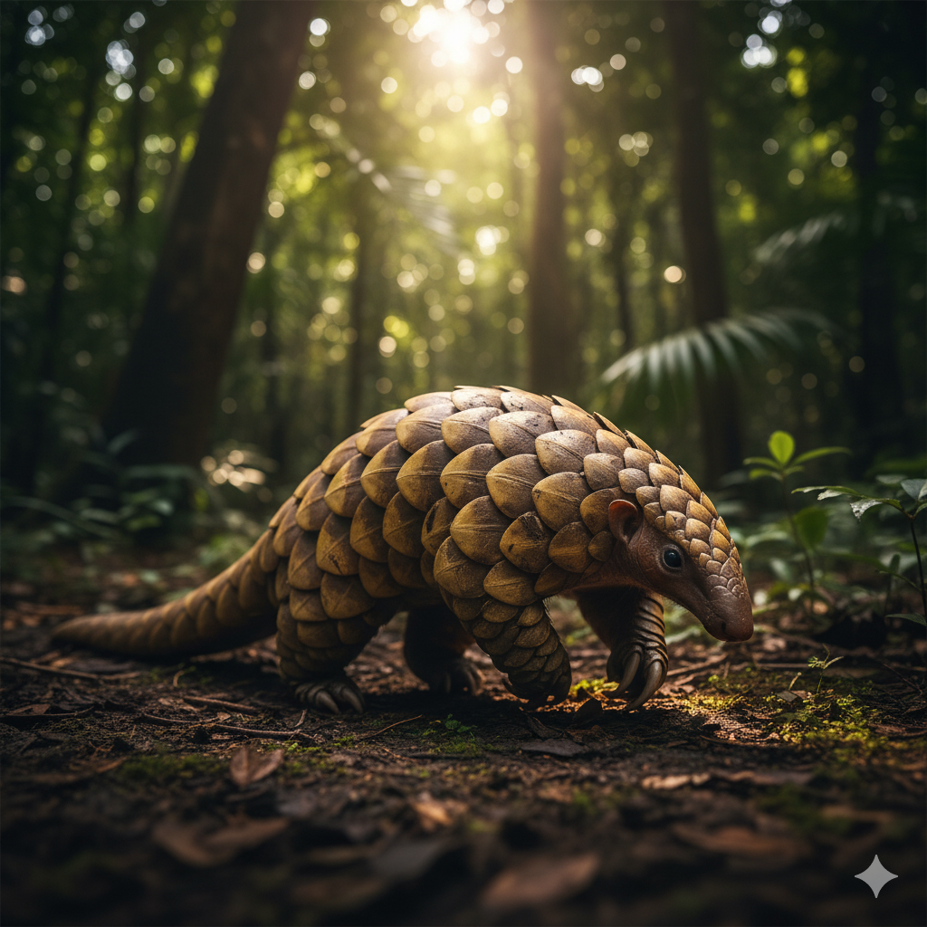 Un pangolín caminando por el suelo de un bosque, mostrando en detalle su armadura completa de escamas superpuestas de color marrón