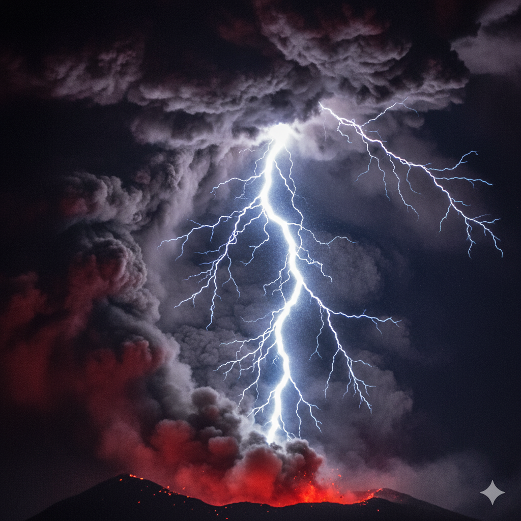 Un primer plano de la textura de un relámpago volcánico iluminando desde dentro una densa nube de ceniza oscura, creando un efecto dramático y poderoso.