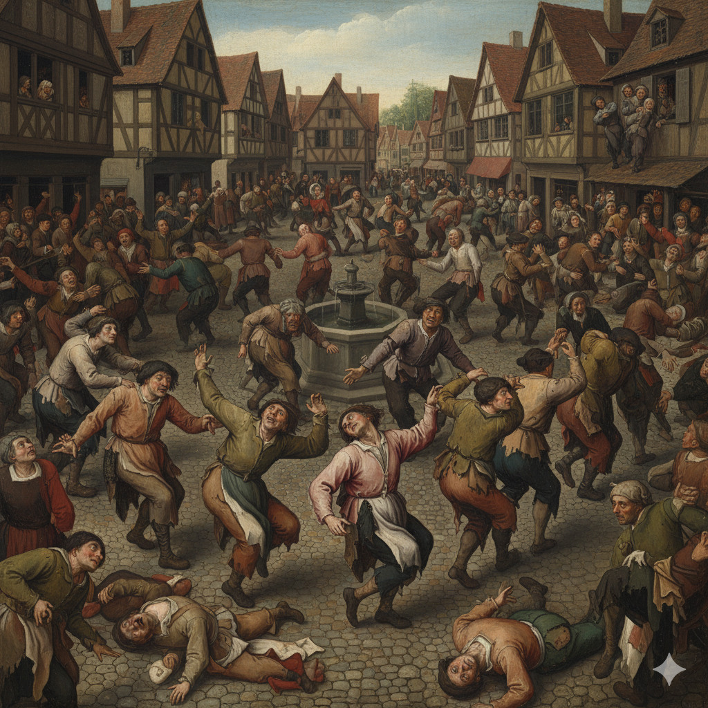 Una multitud de campesinos del siglo XVI bailando frenéticamente en la plaza de un pueblo, con expresiones de trance y agotamiento en sus rostros.