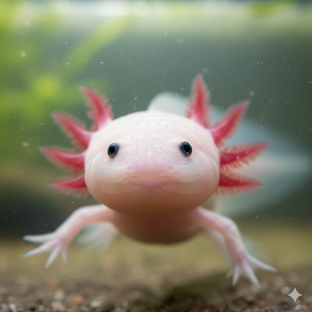 Un ajolote sonriente y juvenil flotando en un acuario de agua dulce, con sus branquias rojas y plumosas distintivas y una expresión curiosa.