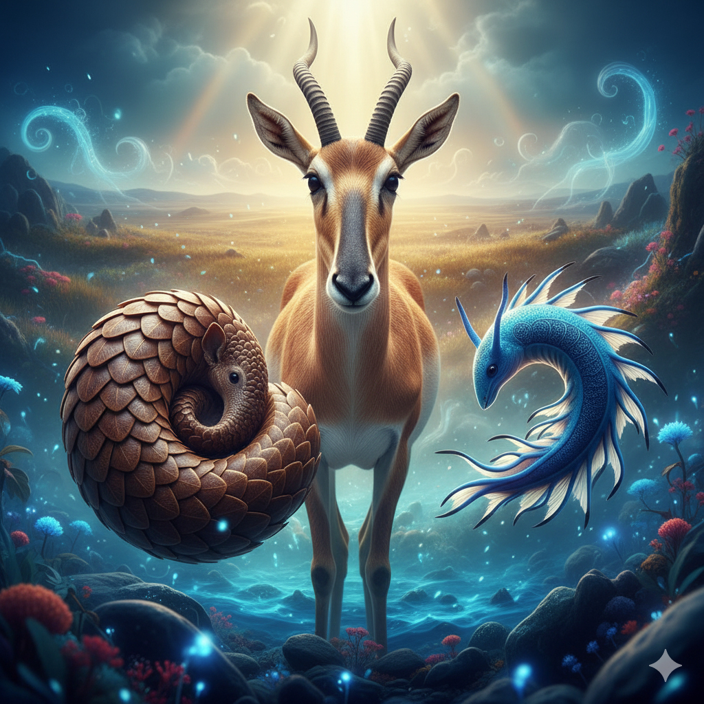 Un montaje artístico de tres de las especies animales más raras del planeta: un antílope saiga, un pangolín y un dragón azul, en un fondo surrealista
