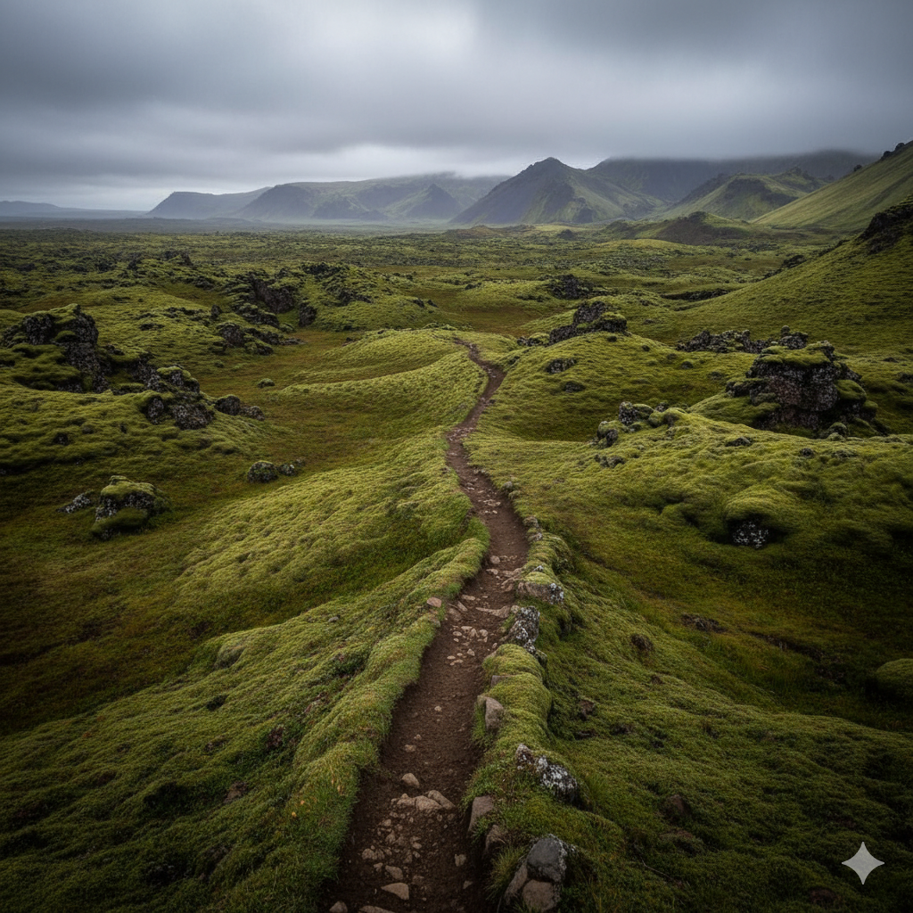 Un sendero solitario que se pierde entre colinas de musgo verde brillante bajo un cielo nublado y dramático en Islandia.