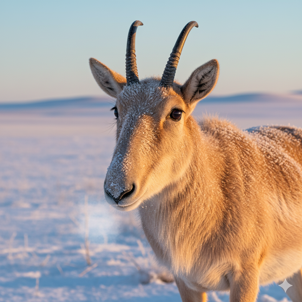 Un primer plano del rostro de un antílope saiga macho, destacando su nariz grande y bulbosa, mientras camina por la estepa nevada.