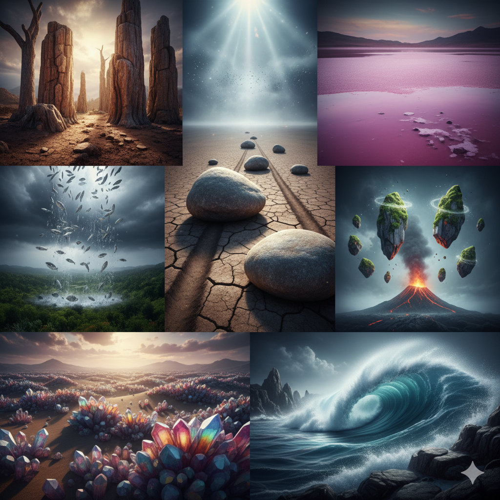 Collage de fenómenos naturales increíbles: piedras móviles, lago rosa, ola viva y lluvia de peces