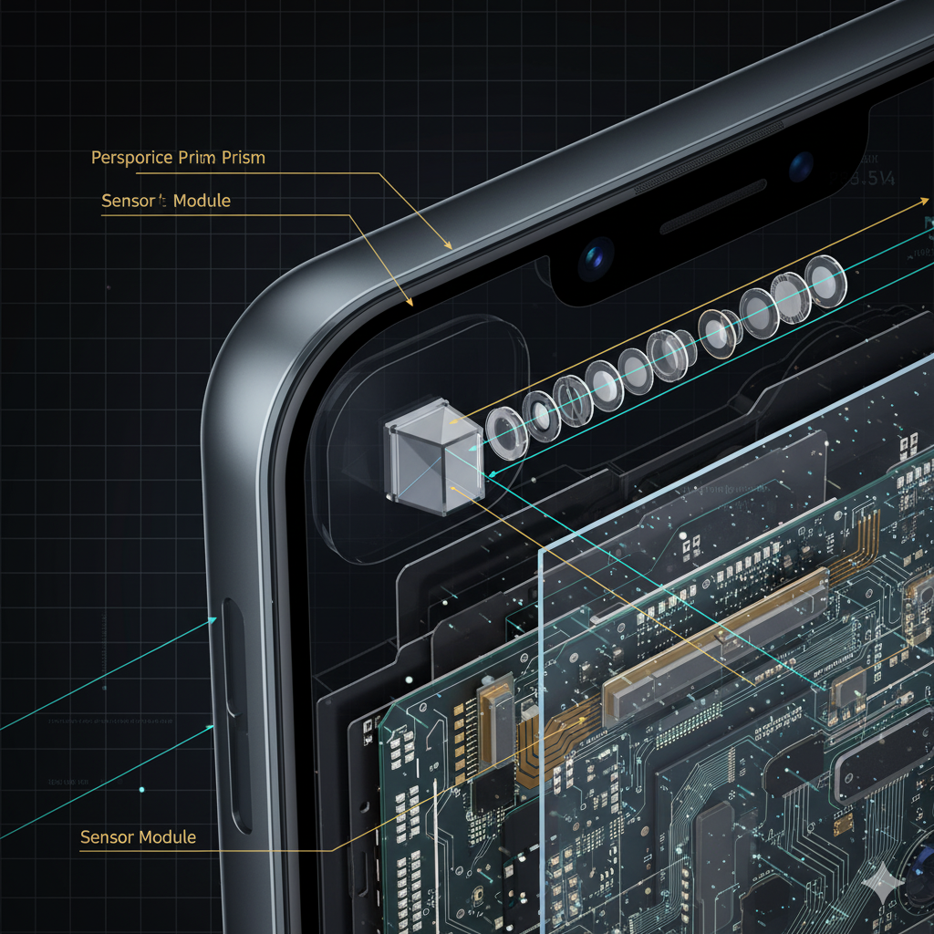 Una vista de rayos X conceptual del interior del iPhone 17, mostrando el complejo sistema de prismas y lentes de la nueva cámara con zoom de periscopio.