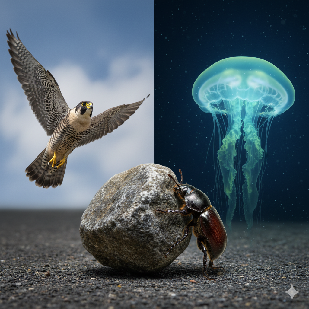 Un montaje épico de un halcón peregrino en picado, un escarabajo pelotero levantando una roca y una medusa brillando intensamente.