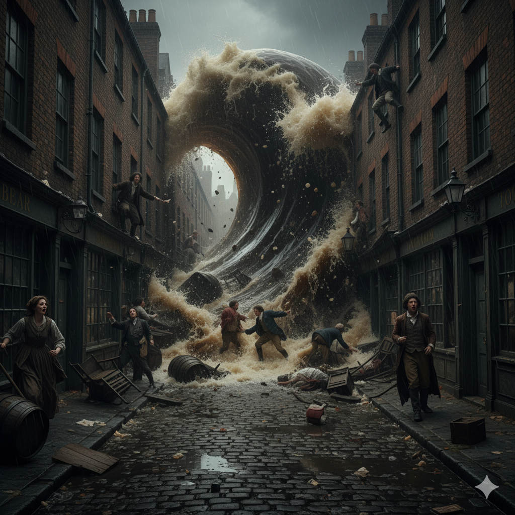 Una caótica calle de Londres del siglo XIX inundada por una ola masiva de cerveza oscura, con barriles de madera rotos y gente corriendo para salvarse.