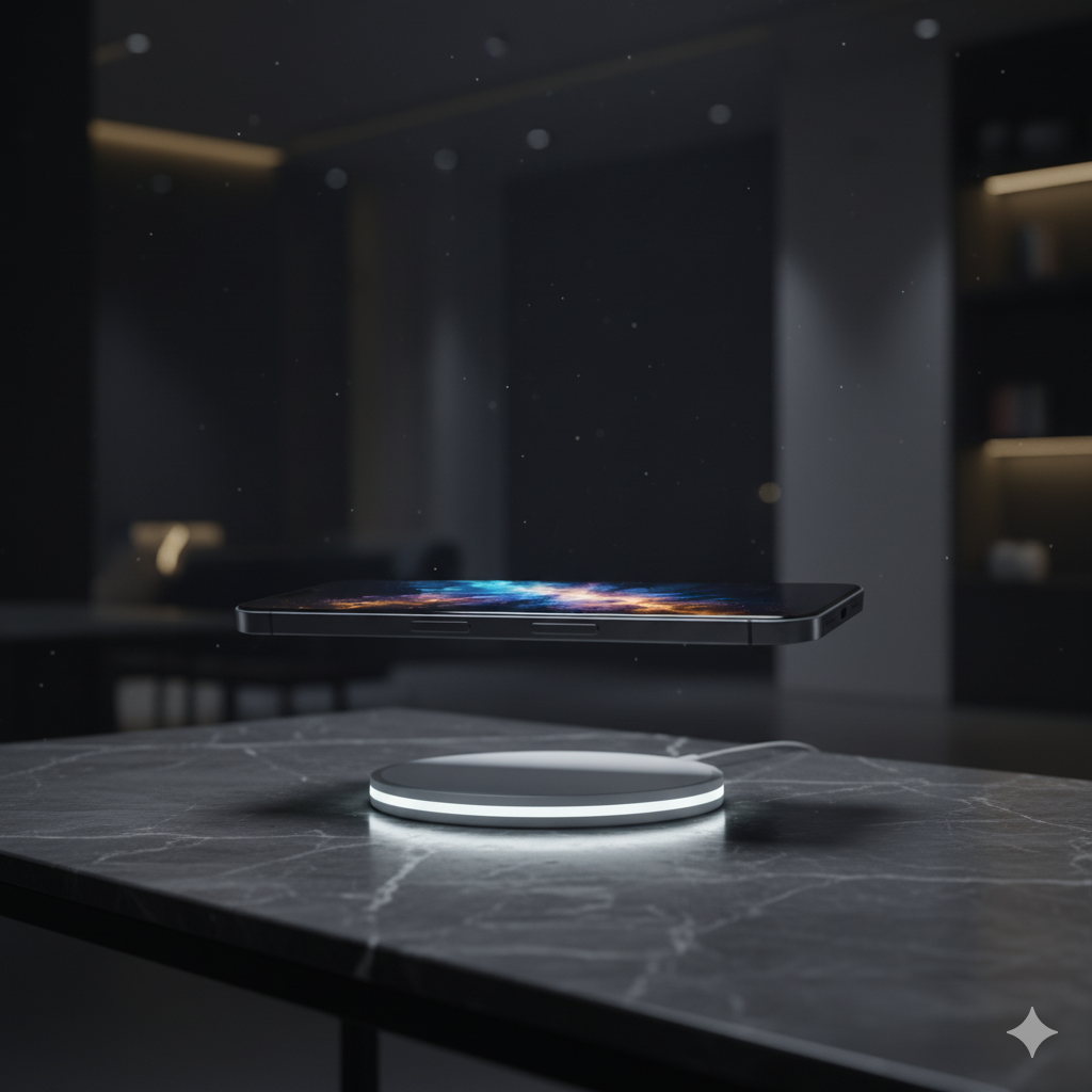 Un iPhone 17 sin puerto de carga levitando horizontalmente sobre un avanzado cargador MagSafe que emite un suave y futurista anillo de luz.