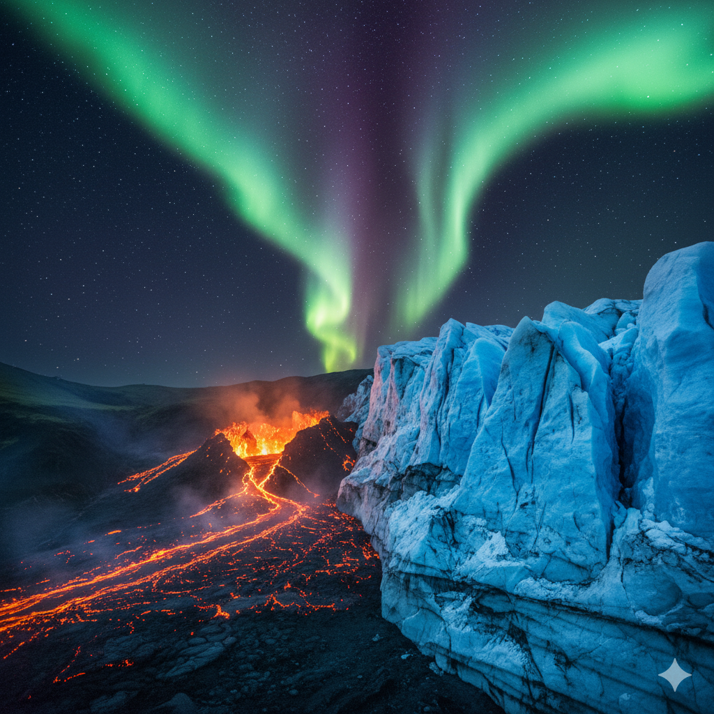 Un paisaje épico de Islandia que fusiona un volcán brillante con lava naranja y un glaciar azulado bajo una intensa aurora boreal verde.
