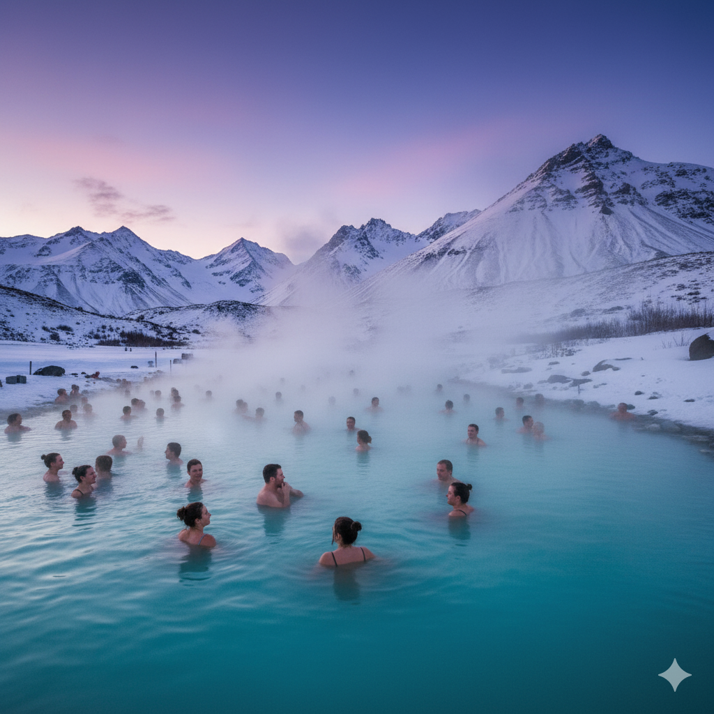 Grupo de personas relajándose en una piscina geotérmica natural al aire libre, con vapor elevándose del agua mientras un paisaje nevado y montañoso les rodea.