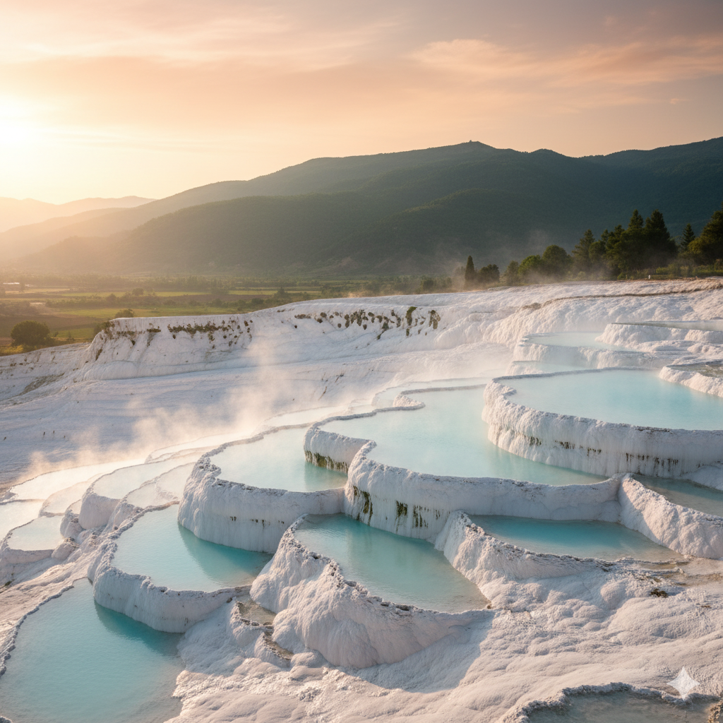 Un espectacular spa natural conceptual que combina terrazas blancas con agua azul turquesa, rodeado de una naturaleza exuberante al atardecer.