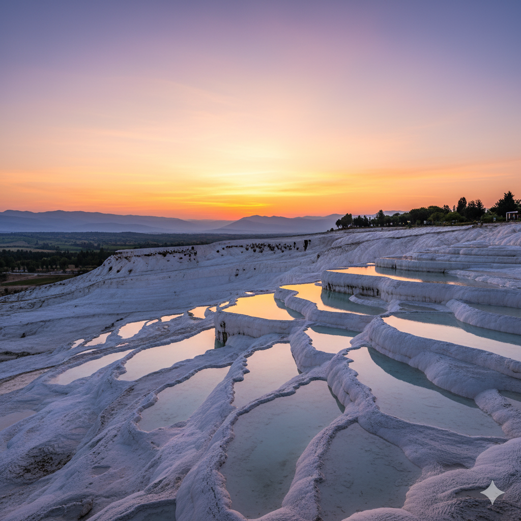 Las impresionantes terrazas blancas de Pamukkale, Turquía, llenas de agua azul claro que refleja el cielo del atardecer.