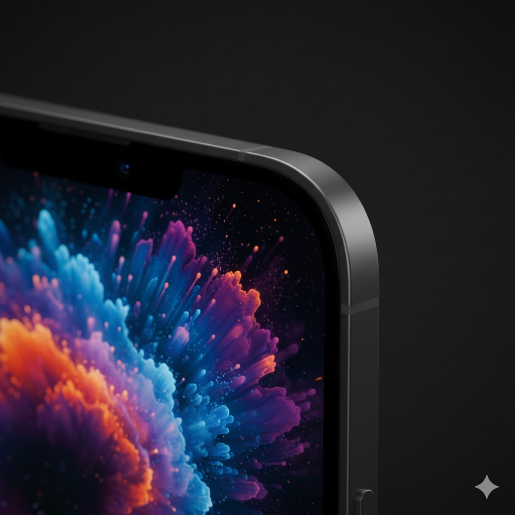 Un primer plano extremo de la esquina superior de la pantalla del iPhone 17, mostrando un fondo de pantalla vibrante que se extiende hasta el borde metálico sin ninguna interrupción.