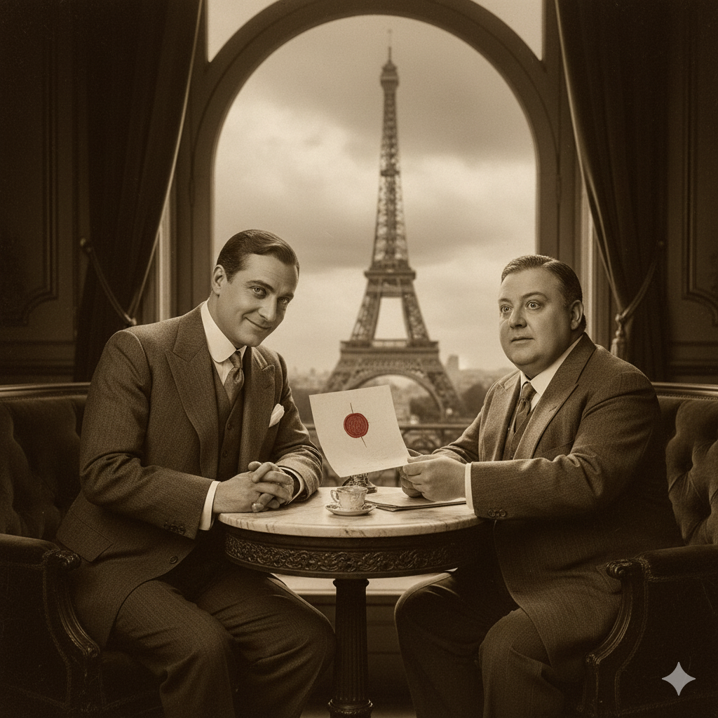 El estafador Victor Lustig, con un traje elegante de los años 20, entregando un falso documento de propiedad de la Torre Eiffel a un empresario en un opulento café parisino.