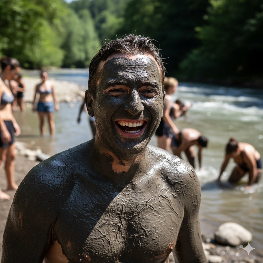 Un hombre sonriente completamente cubierto de barro terapéutico oscuro, posando felizmente en los baños de lodo de Dalyan, Turquía, en un día soleado.