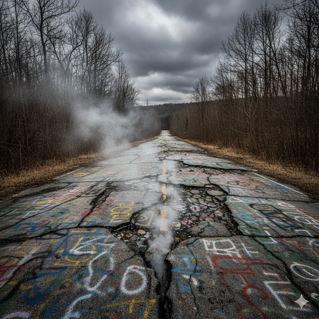 Una carretera abandonada y agrietada en Centralia, Pensilvania, de la que emana humo y vapor, con un paisaje desolado al fondo.