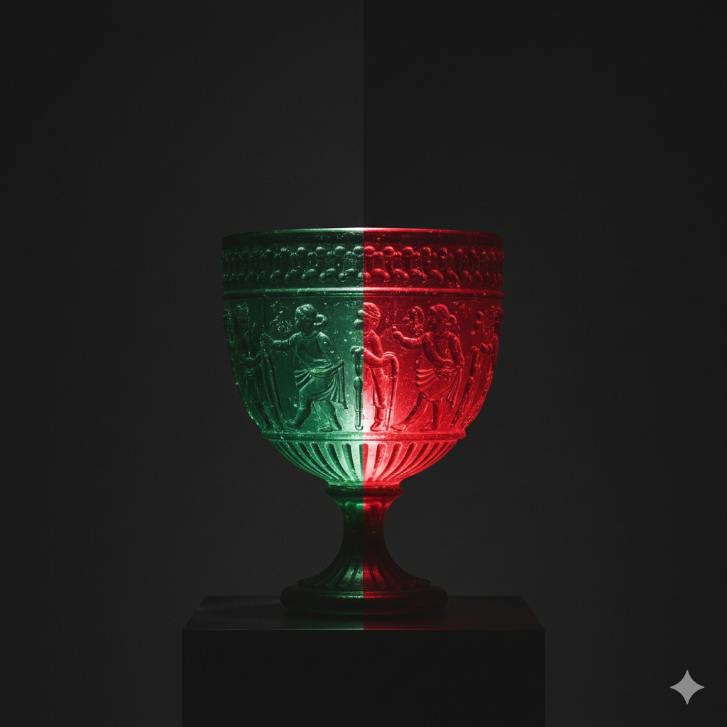 La Copa de Licurgo brillando de rojo, un ejemplo de nanotecnología en inventos antiguos avanzados.