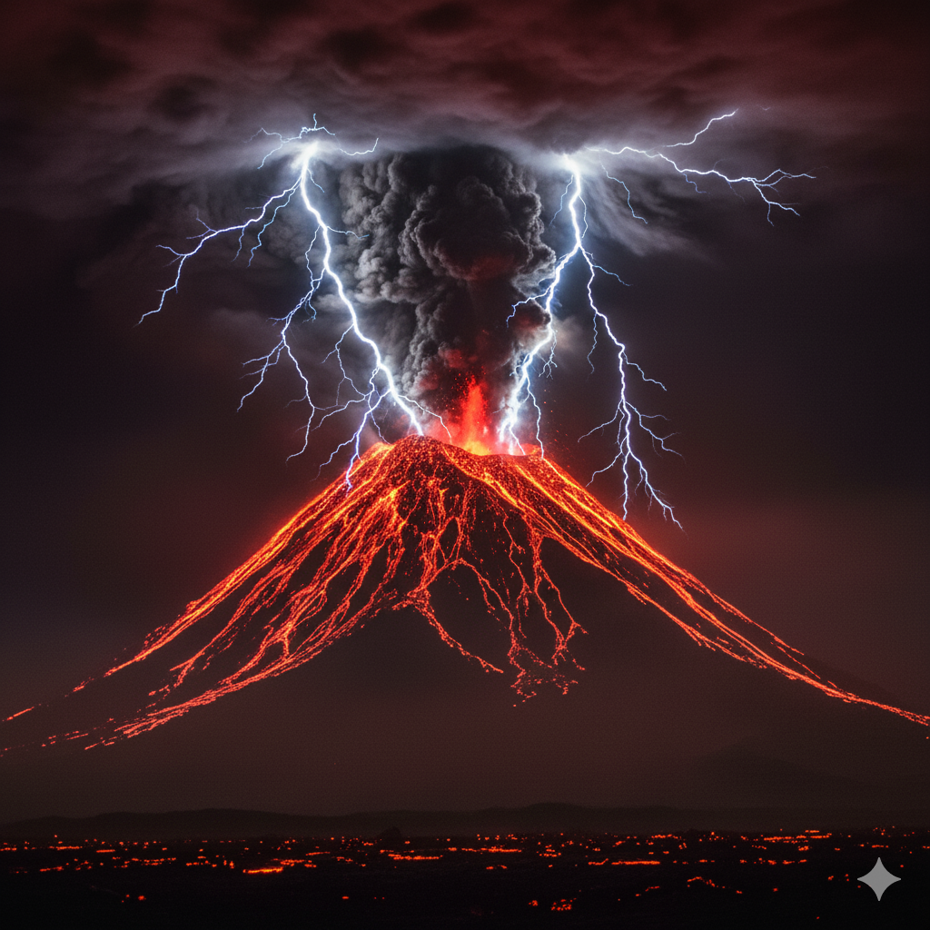 Un épico relámpago volcánico saliendo de una nube masiva de ceniza sobre un volcán en erupción durante la noche, con lava roja visible.