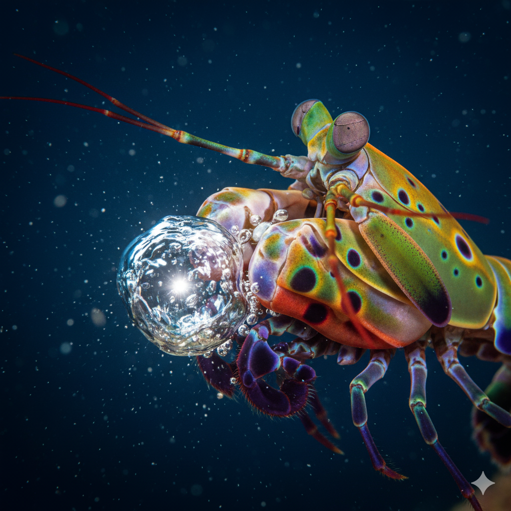 Un camarón mantis de colores vibrantes en el momento de golpear, con una burbuja de cavitación visible y un destello de luz saliendo de su apéndice.