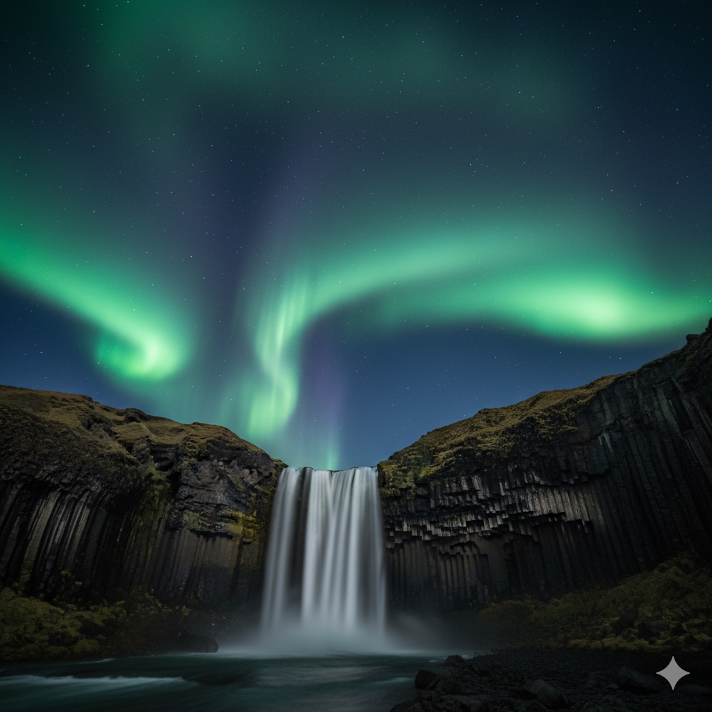 Una espectacular cascada cayendo por un acantilado de basalto negro, con la aurora boreal de color verde y púrpura danzando en el cielo nocturno estrellado.