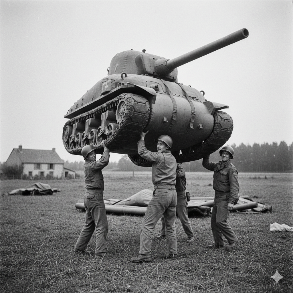 Soldados estadounidenses del "Ejército Fantasma" levantando con facilidad un tanque inflable Sherman en un campo francés durante la Segunda Guerra Mundial.