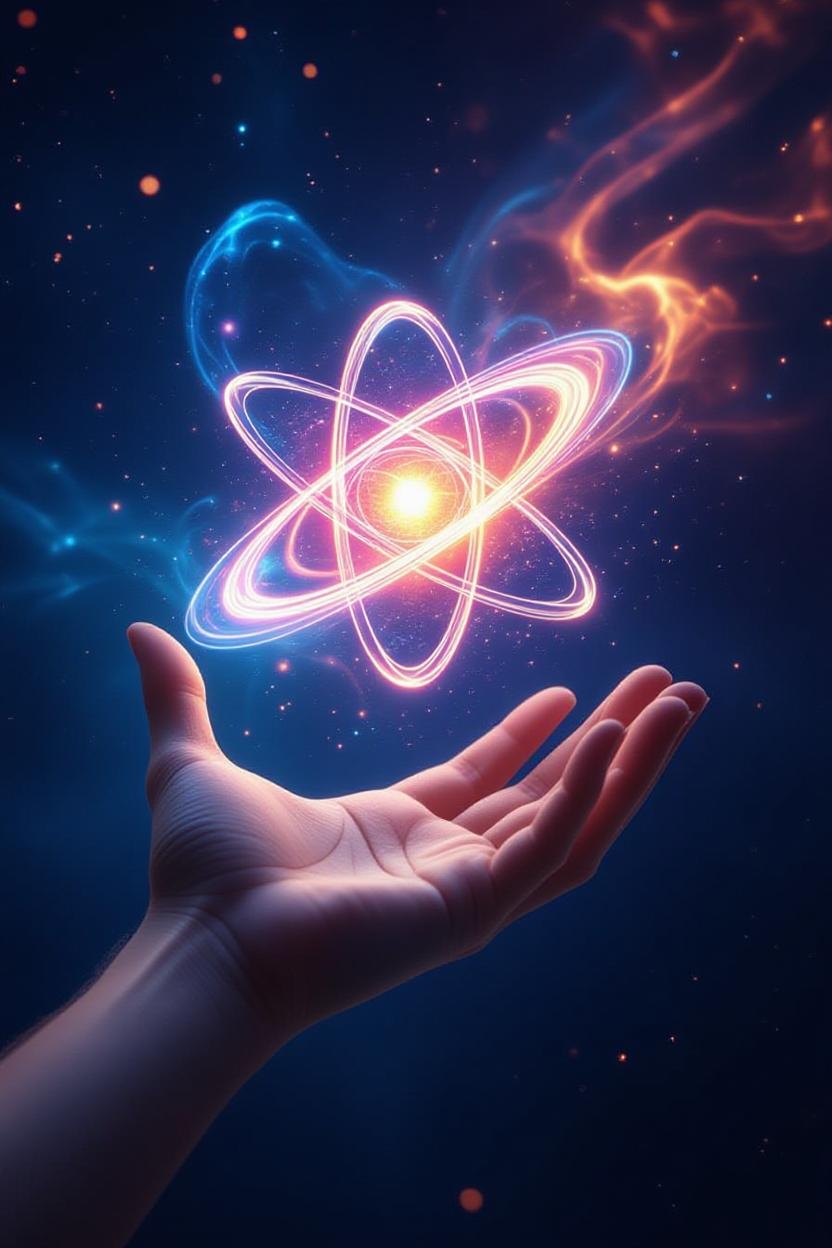 Un montaje conceptual que fusiona ciencia y magia, mostrando una mano humana sosteniendo un átomo brillante del que emanan chispas mágicas, frente a un fondo cósmico.