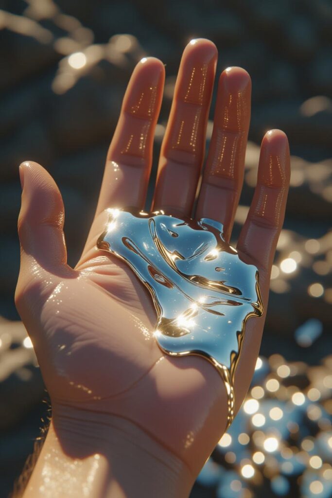 Un primer plano macro de un trozo de metal galio plateado derritiéndose en la palma de una mano humana, formando un charco líquido reflectante.