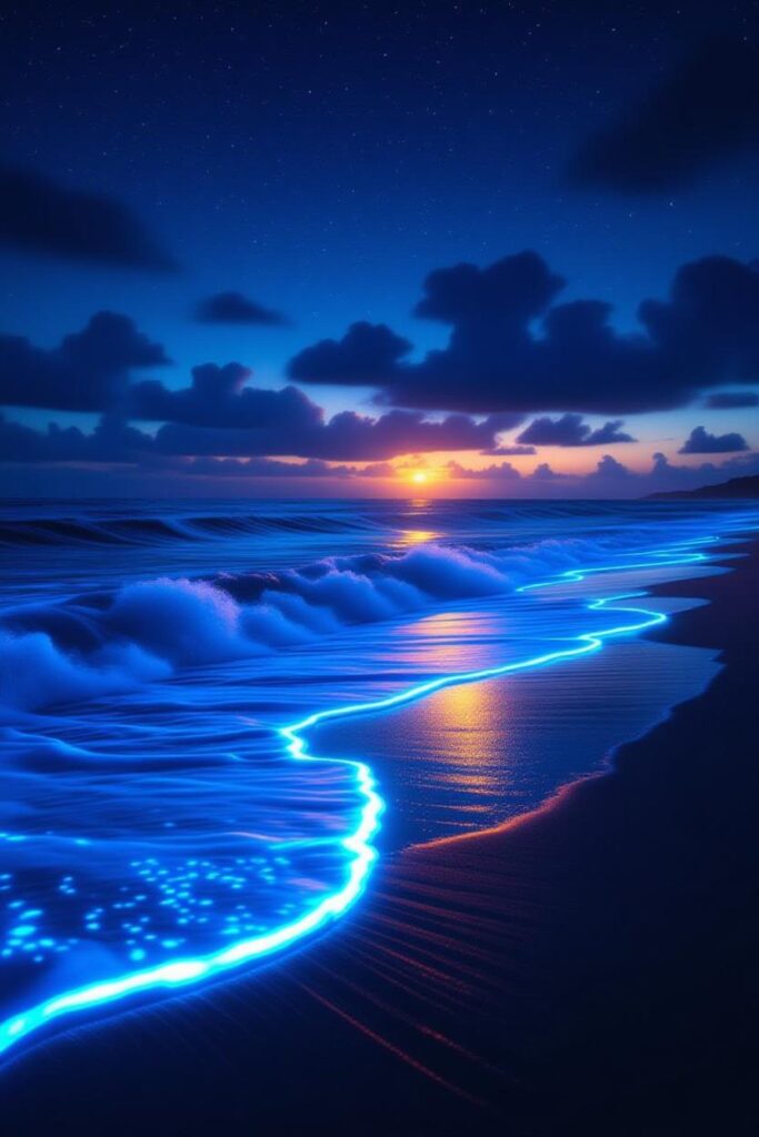 Una impresionante toma nocturna de una playa donde las olas brillan con una intensa luz azul neón debido a la bioluminiscencia.